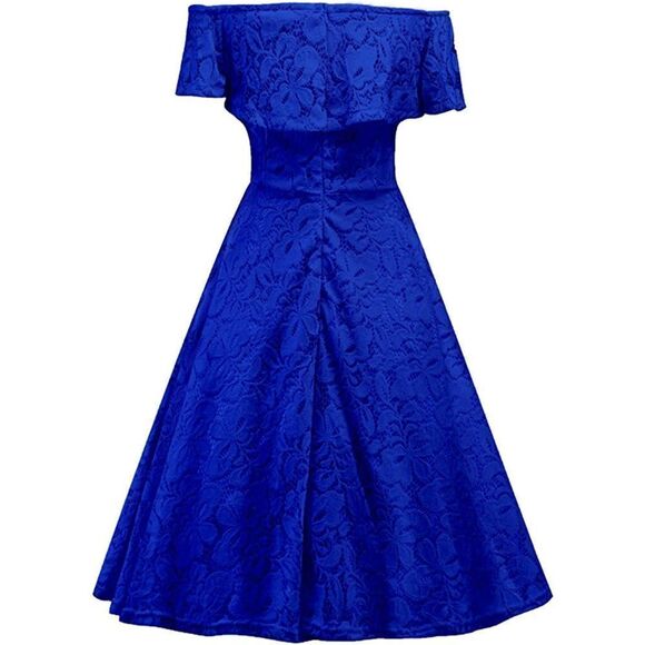 💙 Off Shoulder Lace Retro Pinup Vintage 1950s Cocktail Ruffle Blue Dress L NWT - Picture 7 of 16